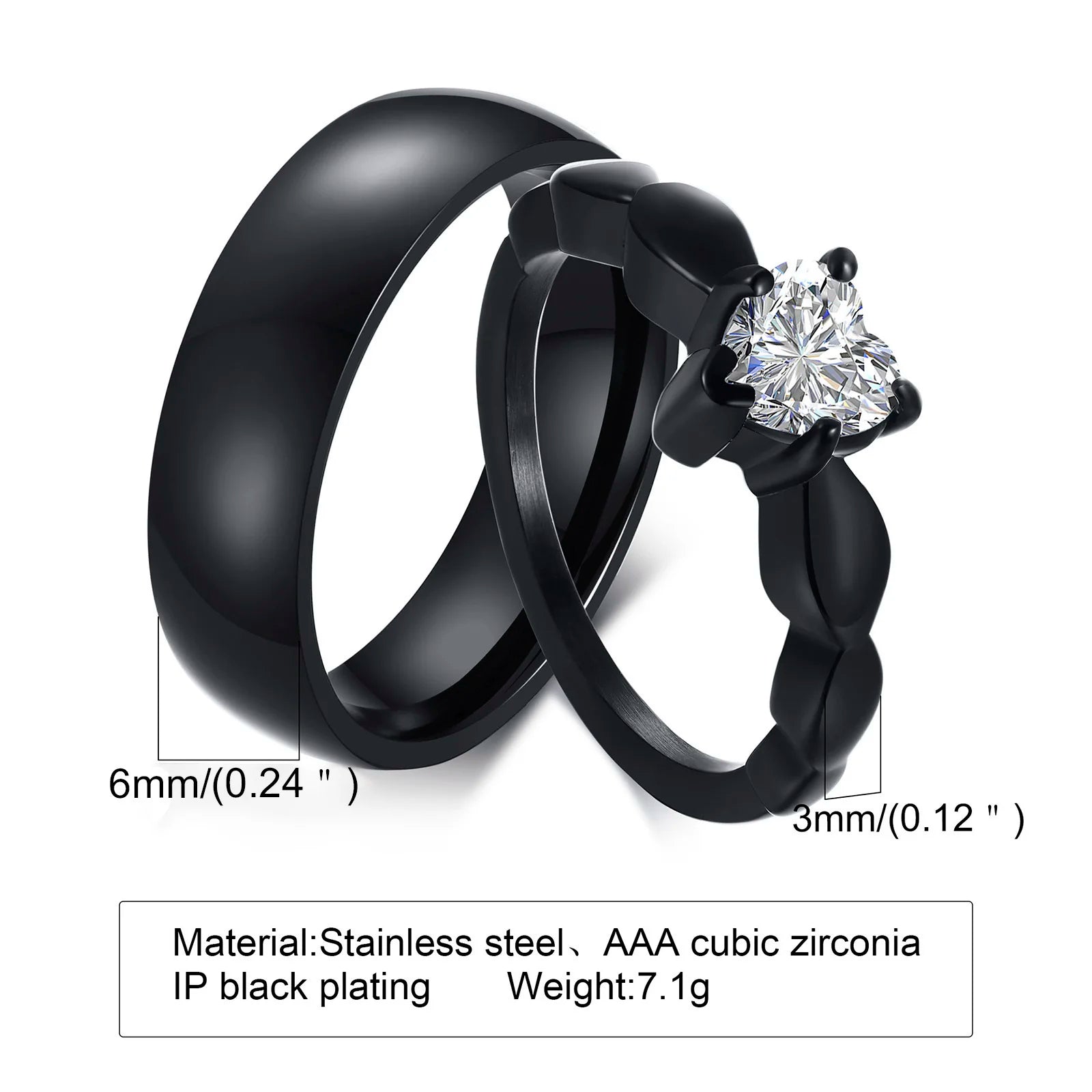 Vnox Romantic Heart CZ Stone Couple Wedding Rings - Black Stainless Steel Engagement Bands for Women & Men | Primesmarket