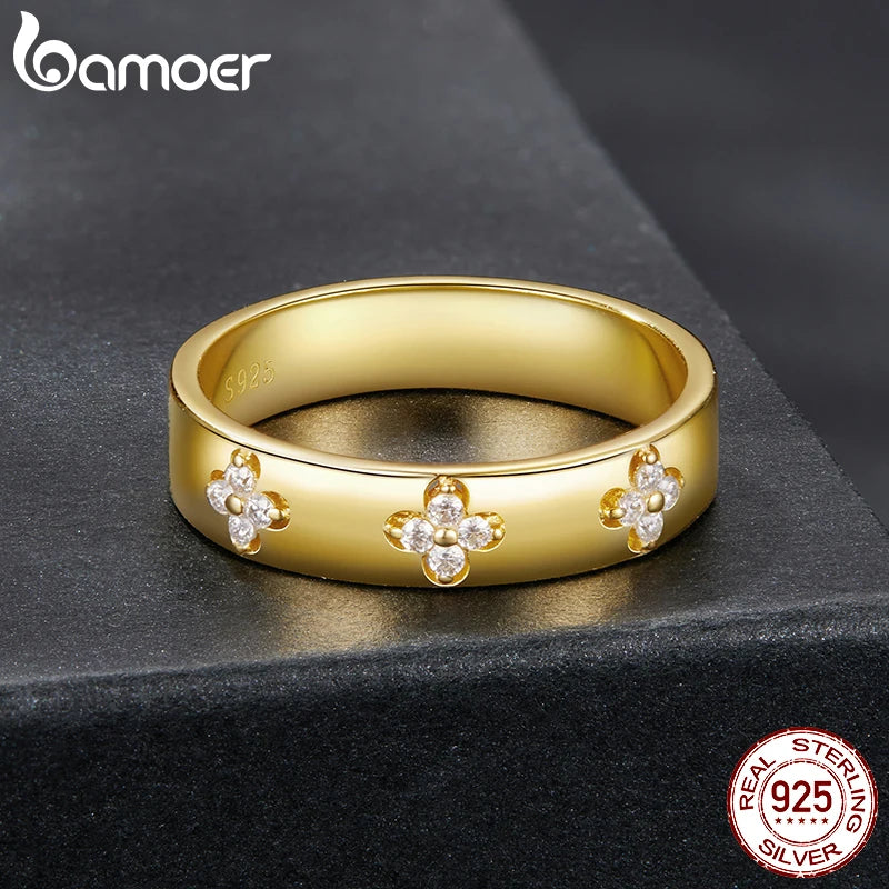 BAMOER 925 Sterling Silver Lucky Clover Moissanite Ring - Gold Plated D Color Round Cut Wide Band for Women | Primesmarket