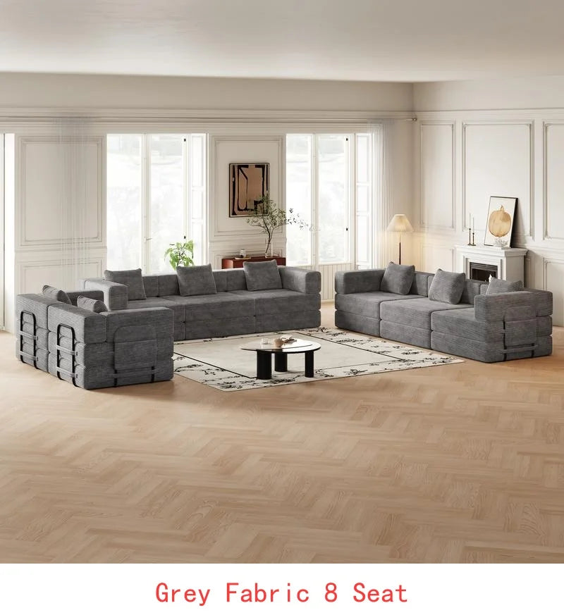 8-Seater Folding Sofa Bed in Corduroy Fabric with Side Storage Pockets and Cushions, Comfortable for Living Room, Bedroom, and
