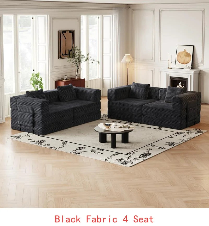 8-Seater Folding Sofa Bed in Corduroy Fabric with Side Storage Pockets and Cushions, Comfortable for Living Room, Bedroom, and