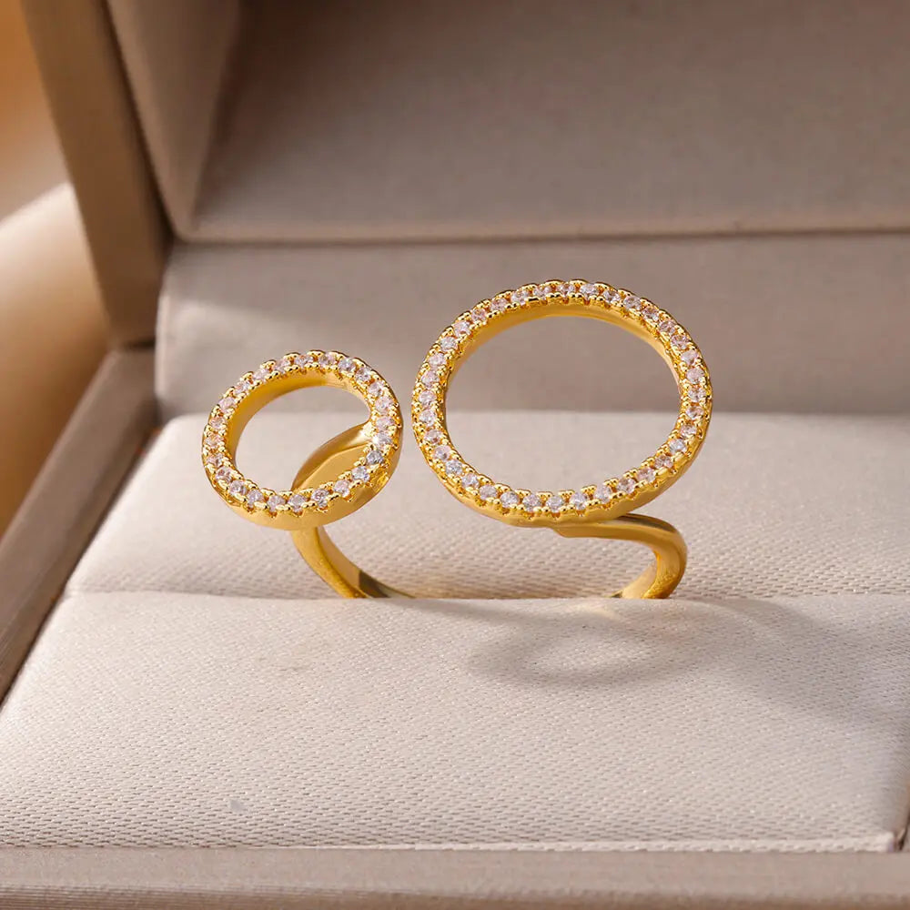 Zircon Double Circle Ring - Adjustable Stainless Steel Geometric Wedding Party Jewelry for Women | Primesmarket