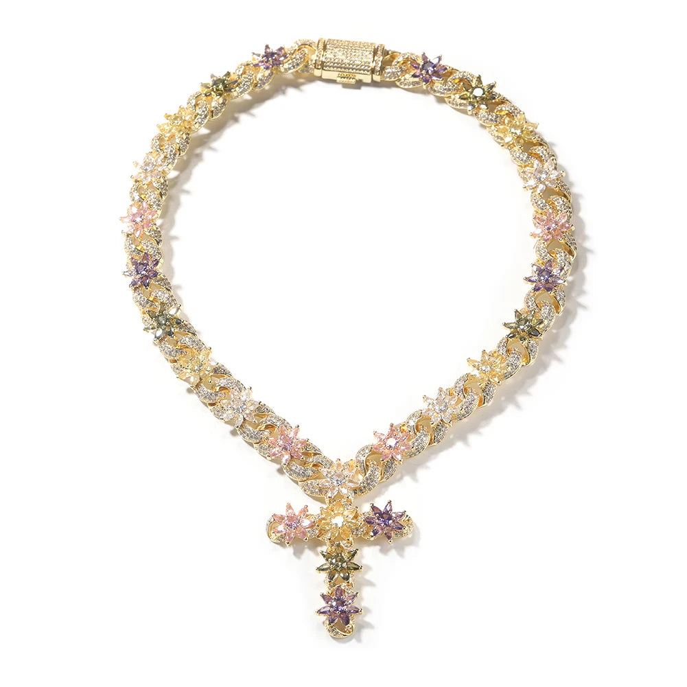 Colorful Flower Cuban Chain - Full Paved Iced Out Baguette CZ Hip Hop Necklace | Primesmarket