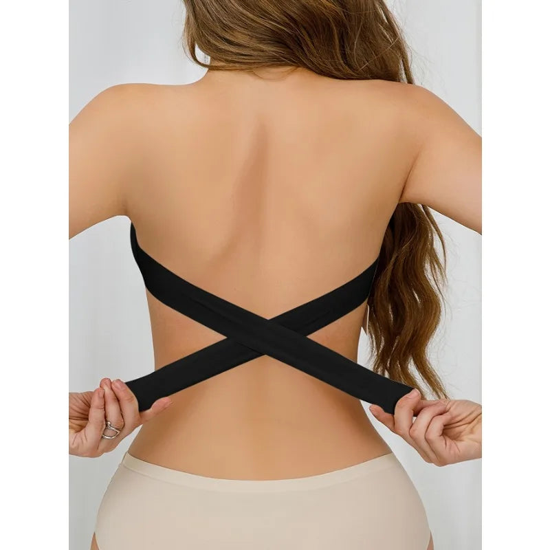Bra with Side Clasps, Strapless Nylon Knit Fabric, Removable Padding, Crisscross Strap Details | Primesmarket