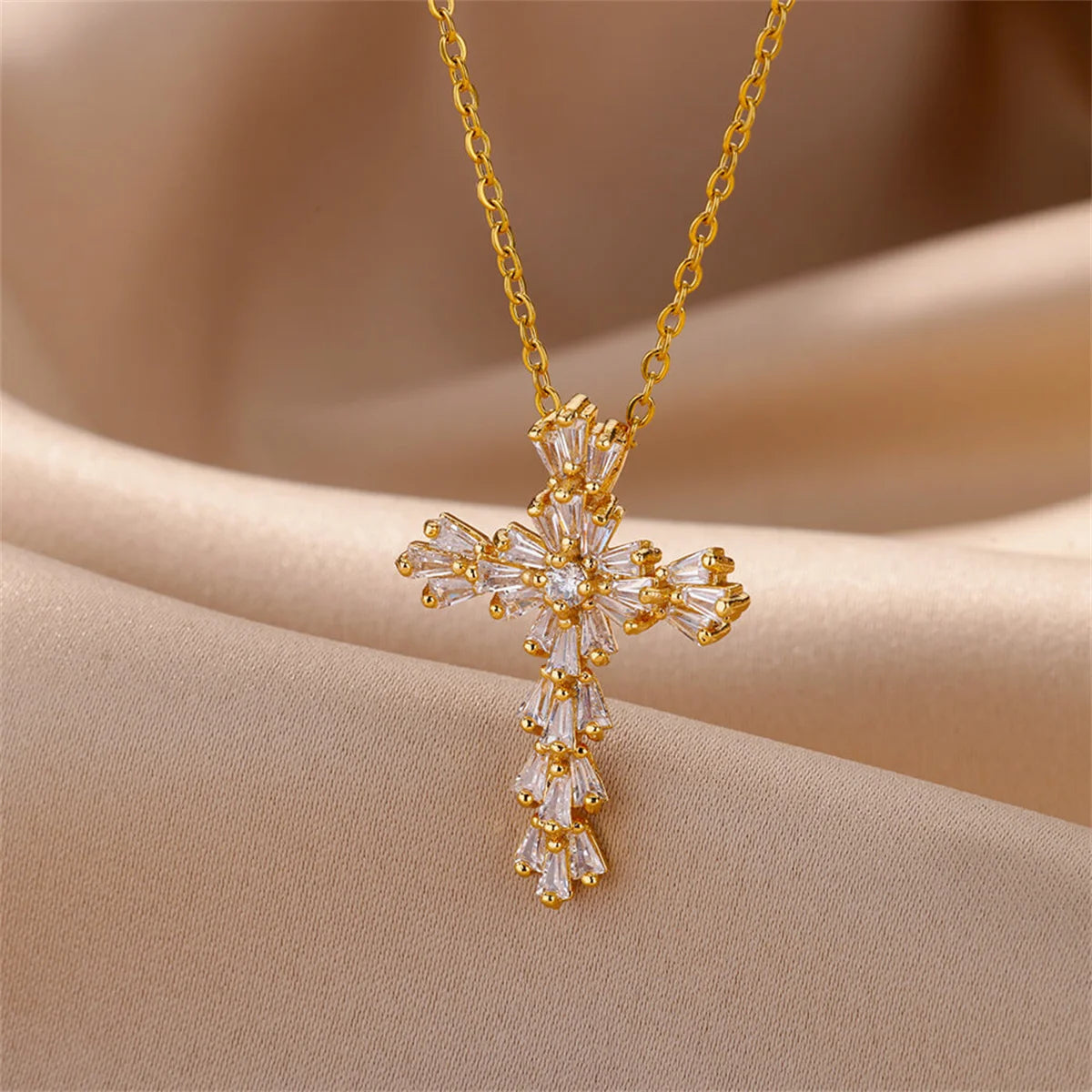 Luxury Zirconia Cross Pendant Necklace - Stainless Steel Crystal Chain for Women | Primesmarket